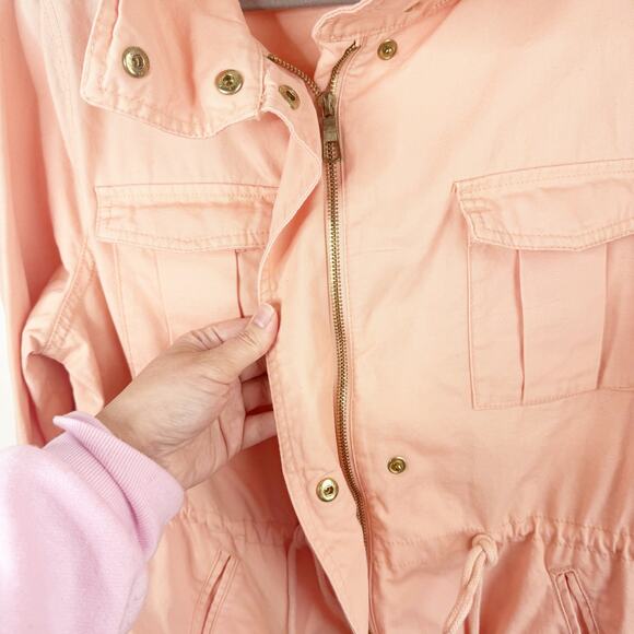 Old Navy ON Peach Field Utility Jacket Funnel Neck Gold Buttons Cinched Waist L - Picture 8 of 14